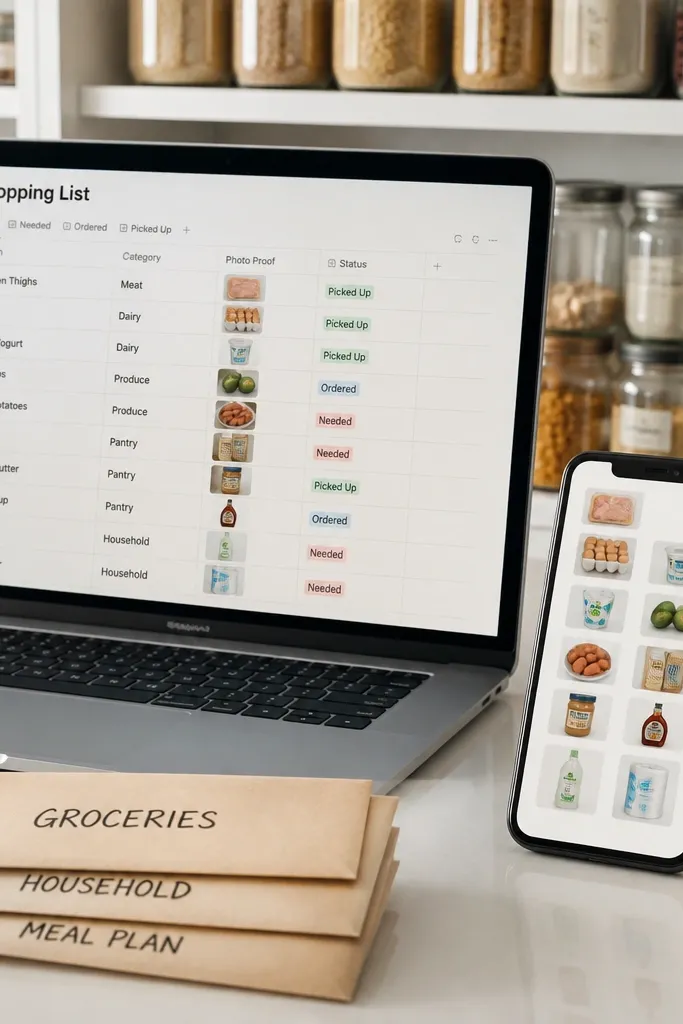Minimal shopping list with item photos and check marks