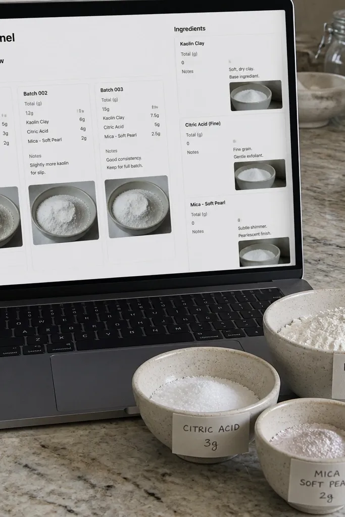 Notion grid of ingredient tiles with grams, notes, and batch photos