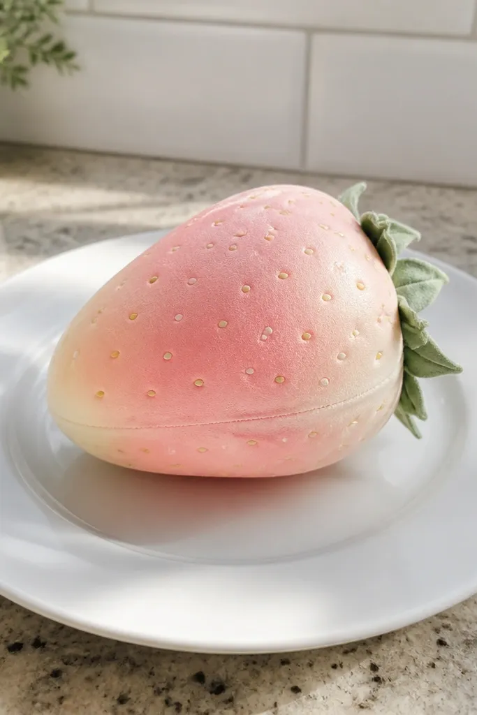 Pastel pink strawberry paper squishy with tiny seed dots and green leaf top