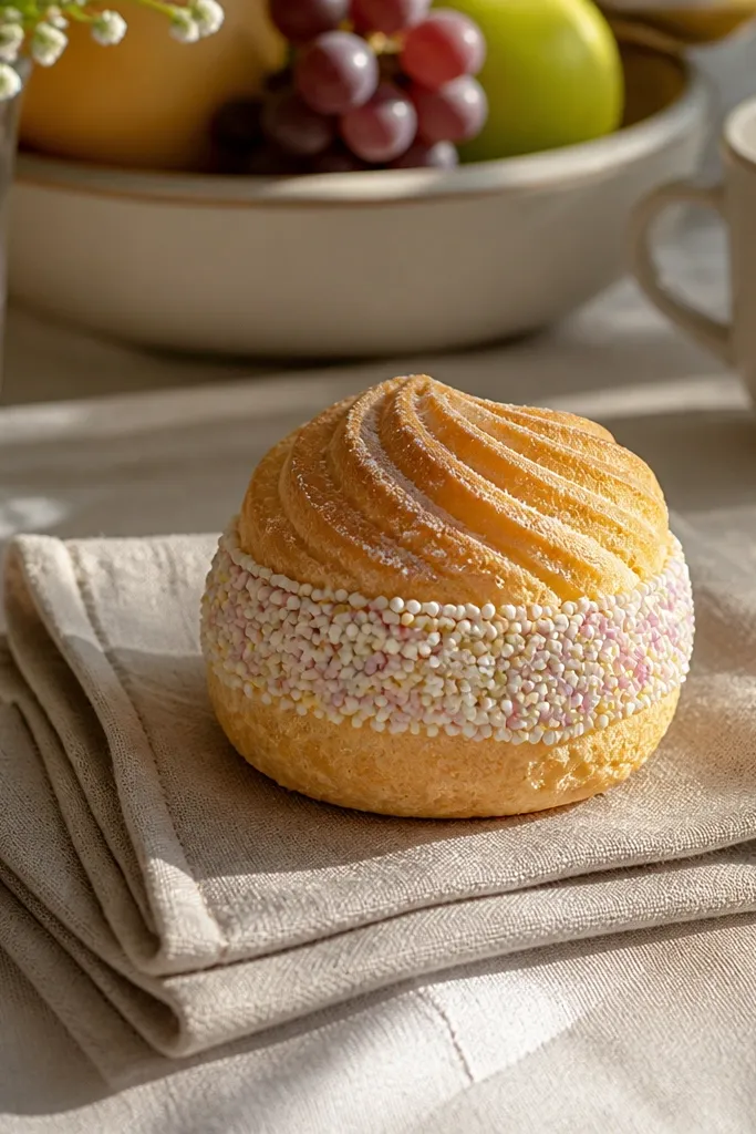 Cream-colored puff paper squishy with a swirl band and tiny sprinkle dots