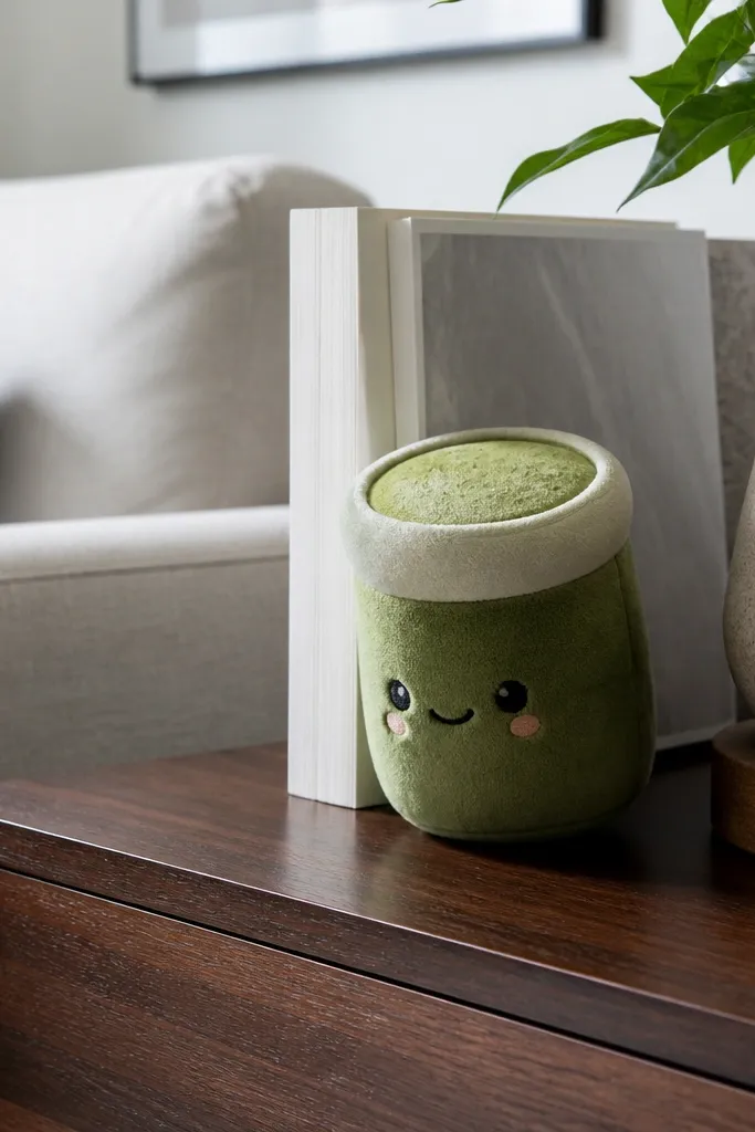 Green matcha cup paper squishy with a pale rim and tiny latte texture dots