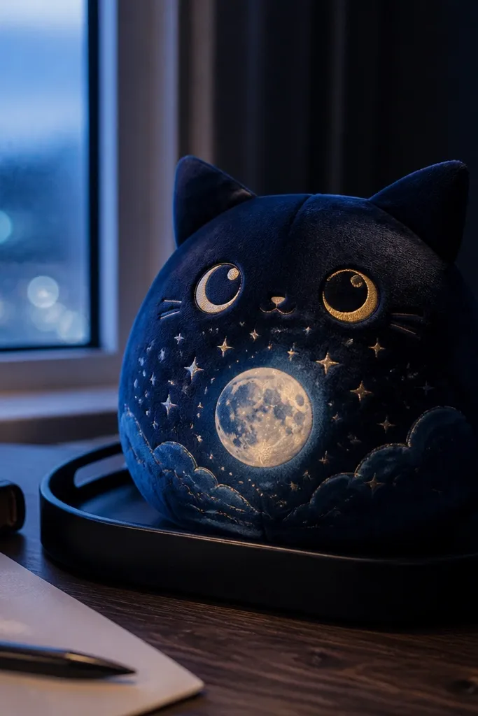 Dark blue cat paper squishy with yellow eyes and a small moon on the side