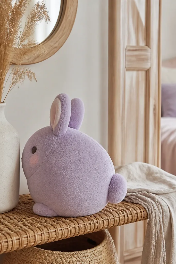Lavender bunny paper squishy with a round tail and soft pastel facial features