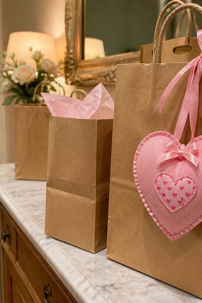 Pink heart paper squishy with a stitched outline and a small bow detail