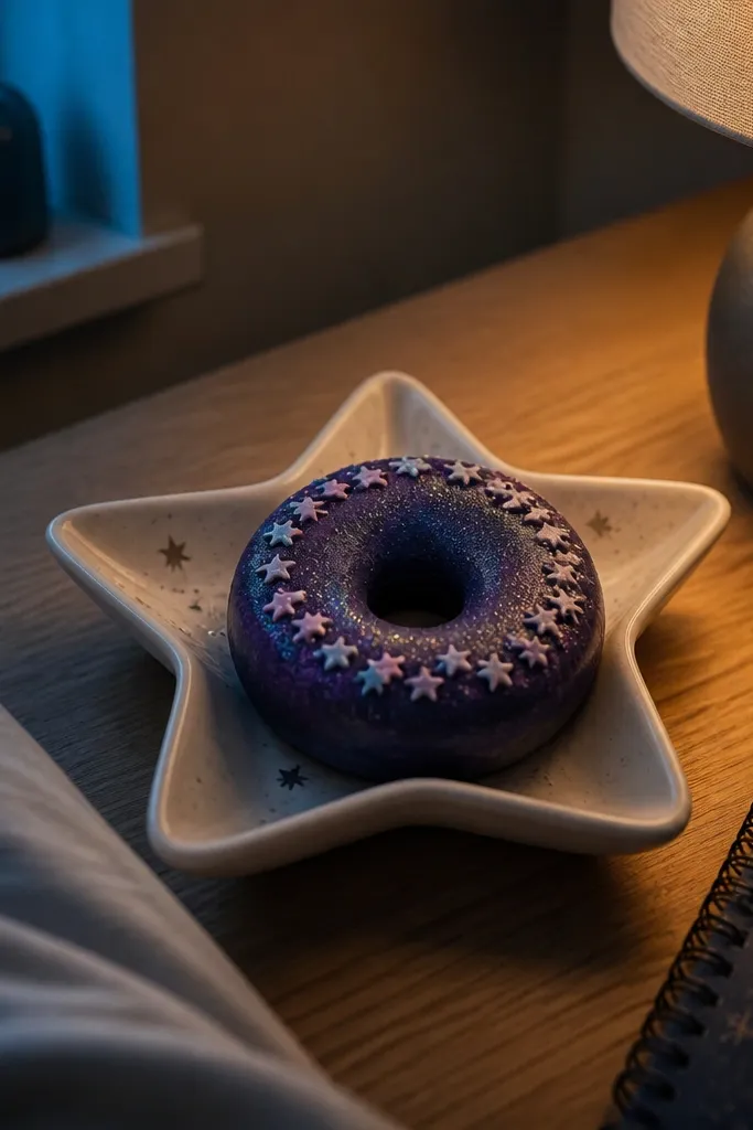 Purple galaxy donut paper squishy with star sprinkle ring and dark glaze