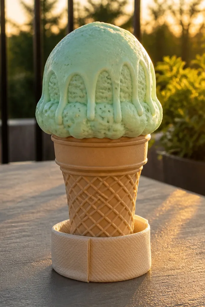 Mint green ice cream cone paper squishy with chocolate drip lines and waffle cone base
