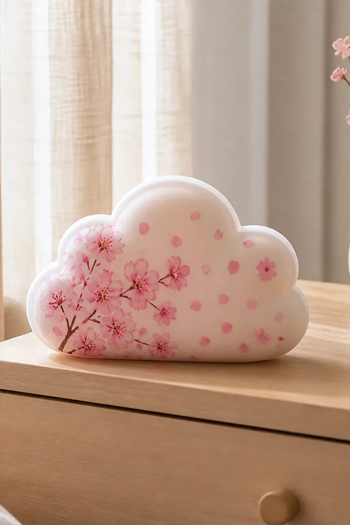 Pink cherry blossom cloud paper squishy with scattered petals and soft white outline