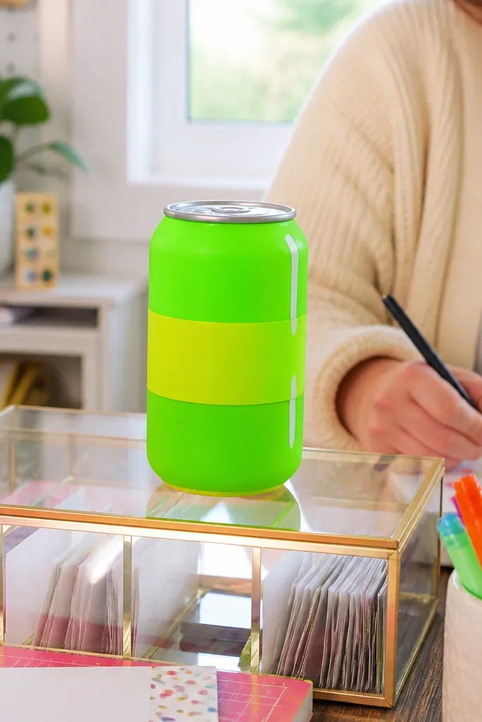 Lime green soda can paper squishy with neon label and tiny highlight strips