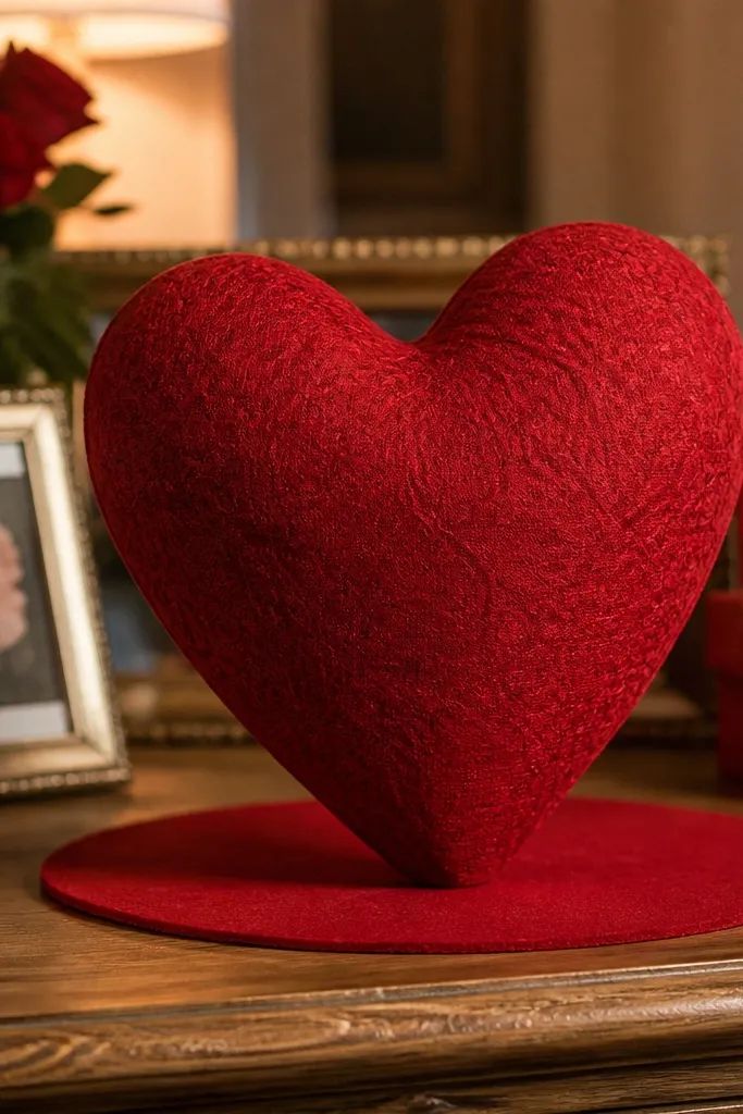 Red heart paper squishy with a small letter-style pattern on the surface