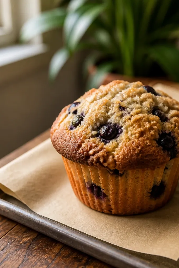 Blueberry muffin paper squishy with textured crumb top and scattered berries