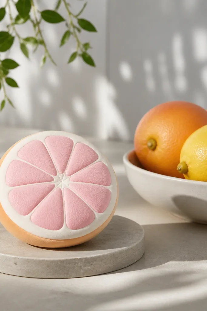 Pale pink grapefruit slice paper squishy with segmented rind lines and light outer peel