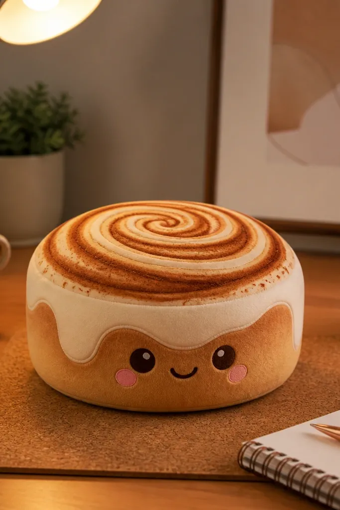Cinnamon roll paper squishy with brown swirl lines and a lighter glaze edge