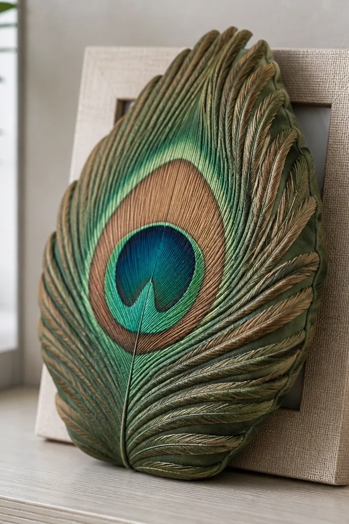 Peacock feather paper squishy with teal eye center and layered teal-blue feather edges