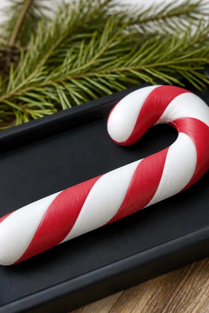 Candy cane paper squishy with red stripes and a white twist outline
