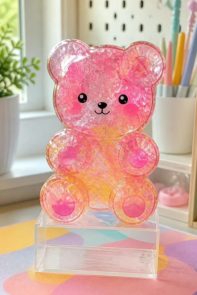Jelly-like bear paper squishy with translucent-looking color and glossy edge lines