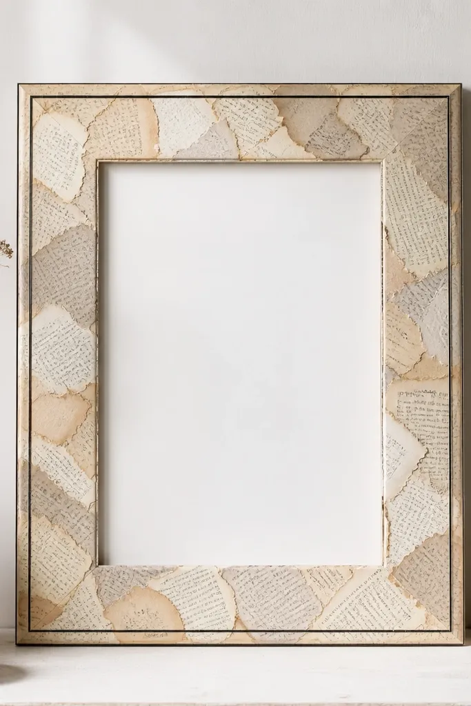 A cream frame covered in torn vintage book pages, with a crisp black ink line tracing the outer rectangle. The torn edges show layered paper in pale browns and gray.
