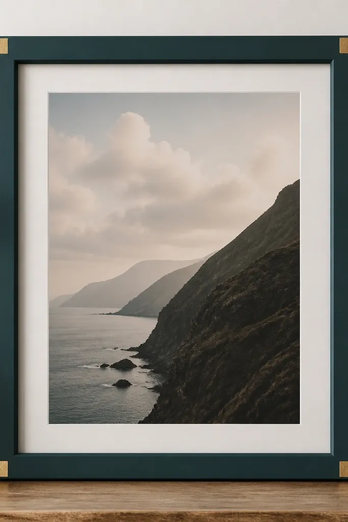 A deep teal painted frame with small gold leaf squares at all four corners, like tiny gilded accents. The center is smooth matte and the photo sits cleanly behind glass.