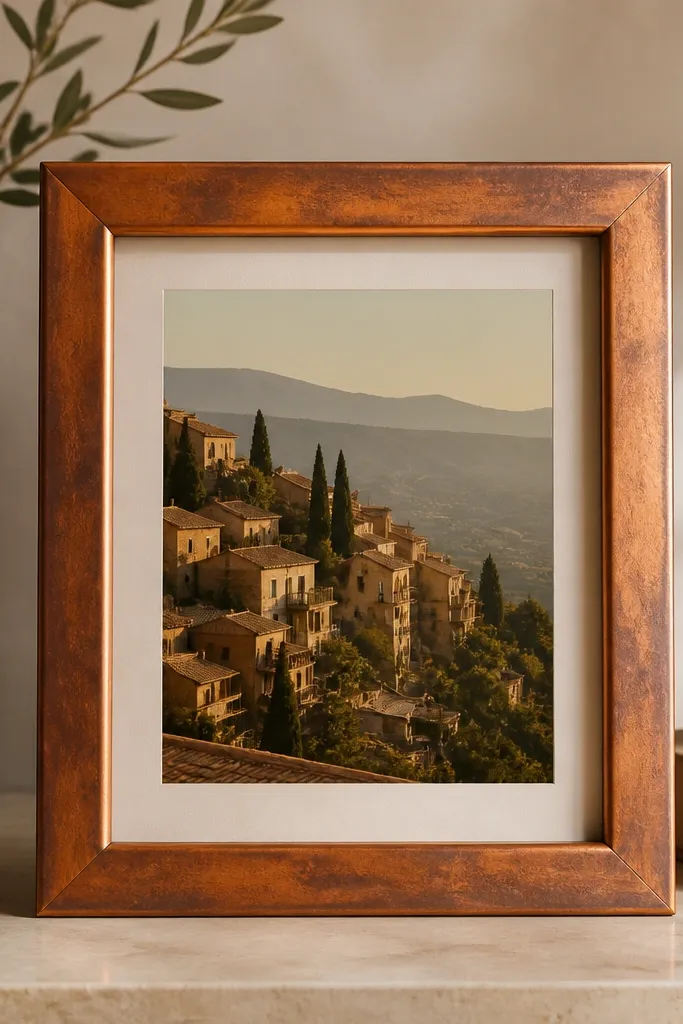 A frame washed in copper tones with darker streaks and lighter highlights, like aged metal. The photo looks warm, and the frame has a lightly mottled finish.