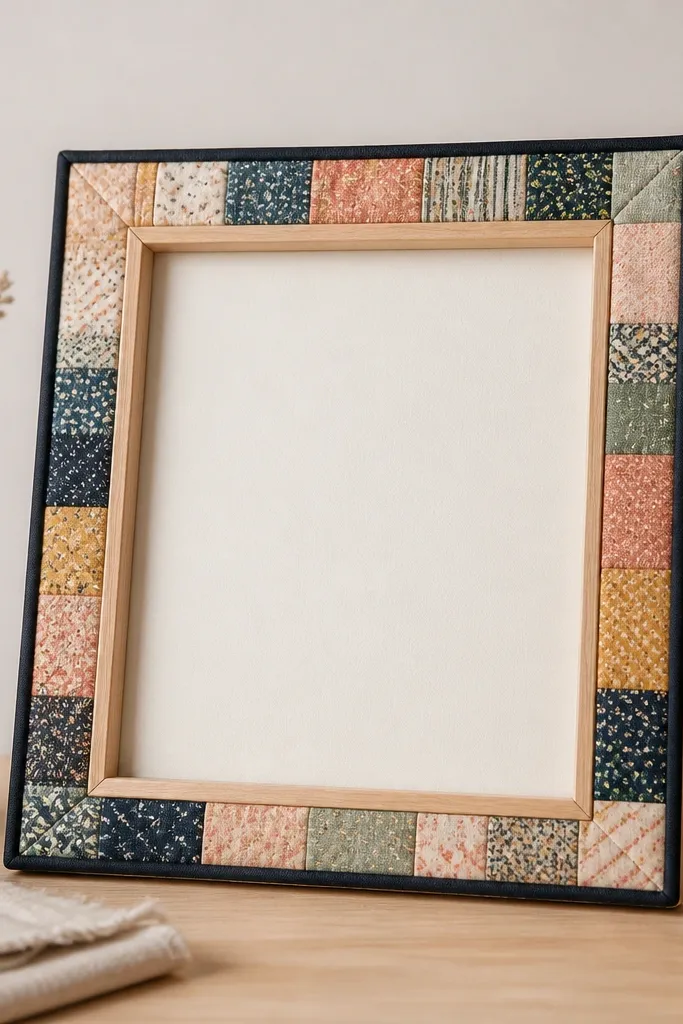 A simple light wood frame whose outer edge is wrapped with small fabric scraps in coordinated colors, finished with a narrow black bias tape border. The center has a clean matte backing.