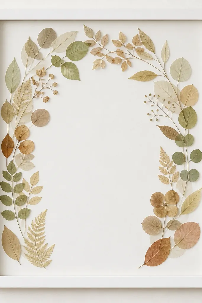A white frame with pressed leaves arranged in a loose wreath along the top and sides. Leaves are flat and slightly translucent, and the whole frame has a soft matte finish.