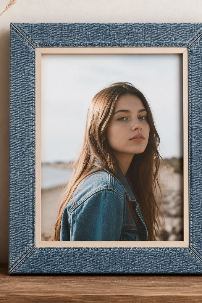 A frame covered in faded denim fabric with visible stitching lines, wrapped around the outer border only. The inner area is plain wood or off-white so the denim texture frames the photo.