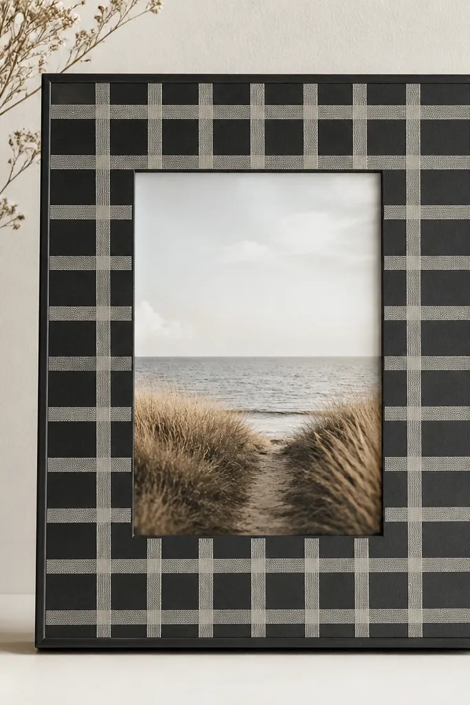A slim black or dark gray frame decorated with a neat grid pattern made from overlapping monochrome washi tape strips. The grid stops before the photo opening so it frames the image.