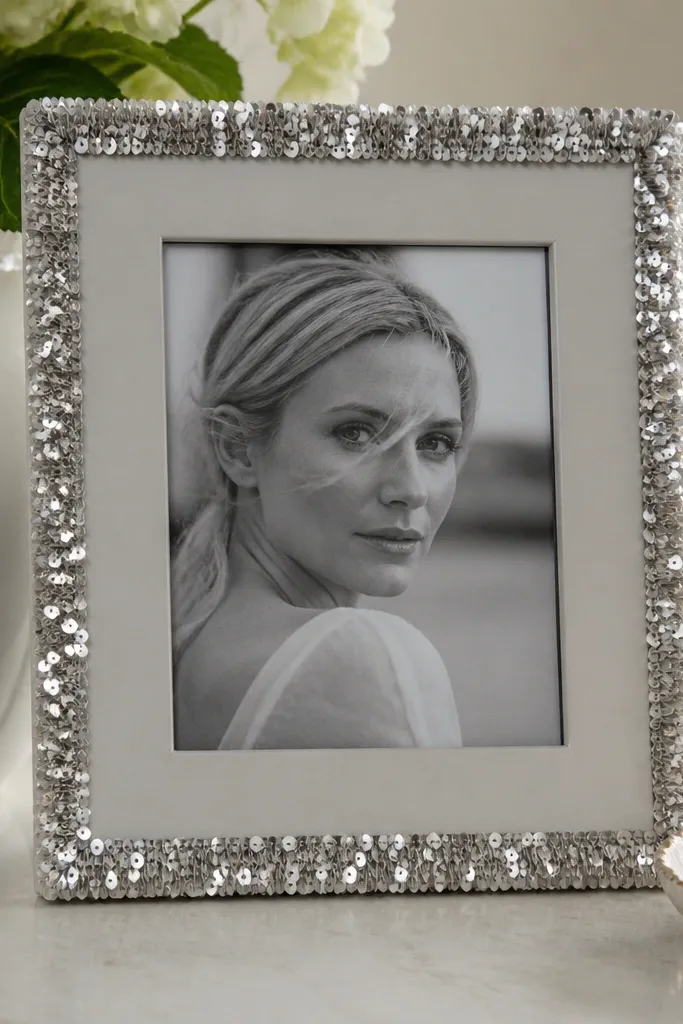 A frame with a fringe strip made from small silver sequins attached along the outer border, catching light. The center is matte and the photo sits behind clear glass.