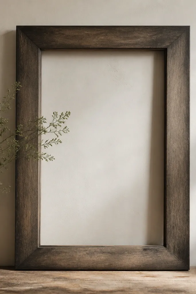 A wood frame stained dark like smoked oak, with a charcoal wash concentrated on the outer edges and corners. The center looks smoother and slightly lighter.