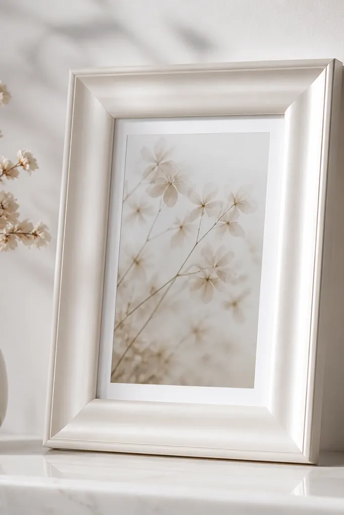 A frame coated in pearlized white spray paint, with slightly darker shading around the edges. The photo looks brighter and the frame has a smooth, ceramic-like sheen.