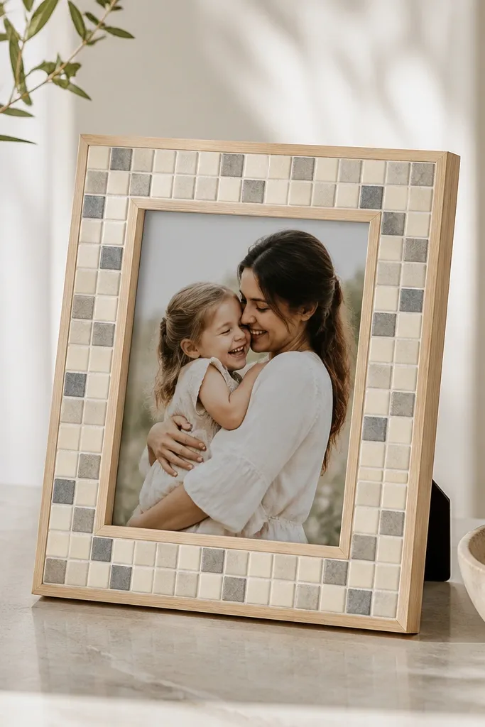 A light wood frame with a thin border made from small square peel-and-stick tiles in a soft cream and gray pattern. The tiles form a neat frame around the photo opening.