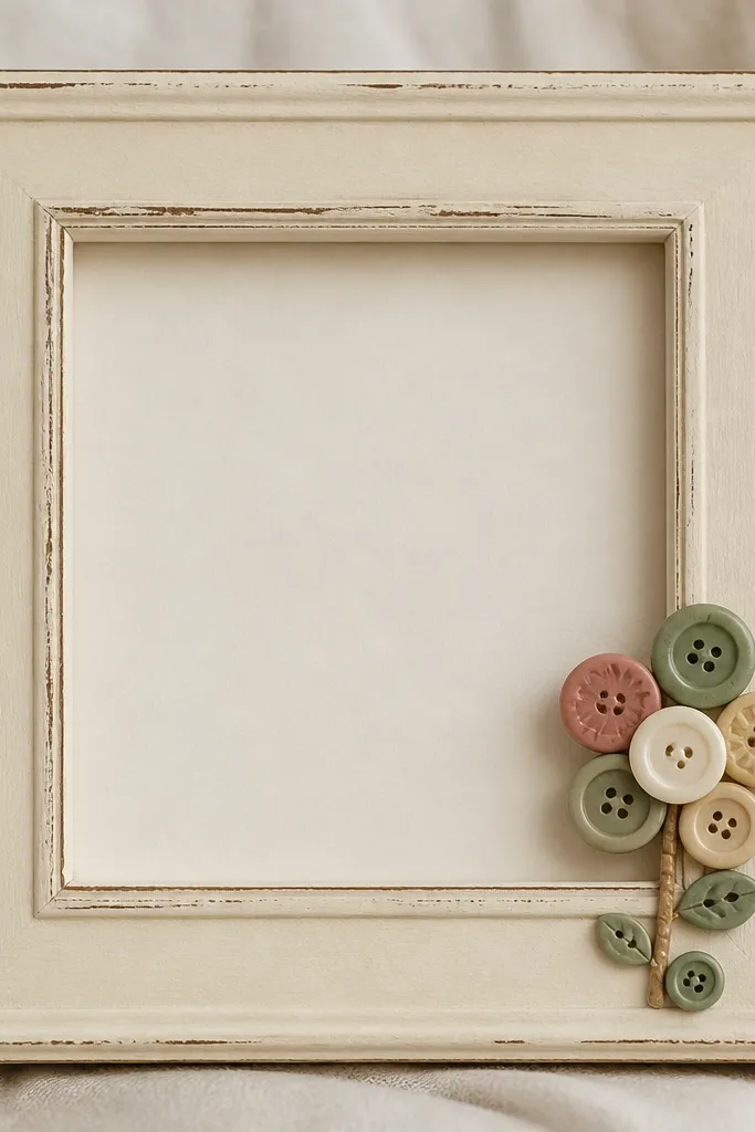 A cream frame with a small cluster of vintage buttons arranged like a simple flower on one side. Buttons vary in sizes and muted colors like sage, ivory, and dusty rose.