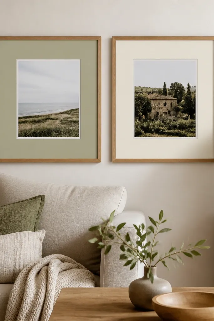 Two matching frames on the wall, each with a different colored mat behind the photo - one pale sage and one warm cream. The outer frames are the same finish, creating a coordinated look.