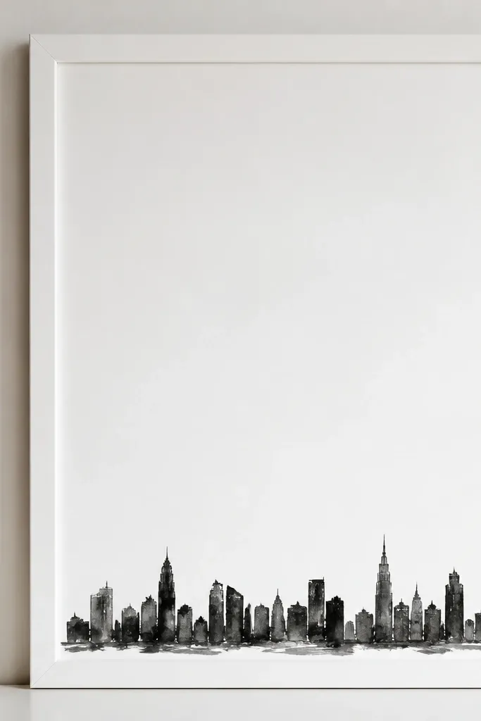 A white frame with a small black hand-painted skyline along the bottom edge, leaving lots of clean negative space. The skyline is simple and slightly imperfect like a sketch.