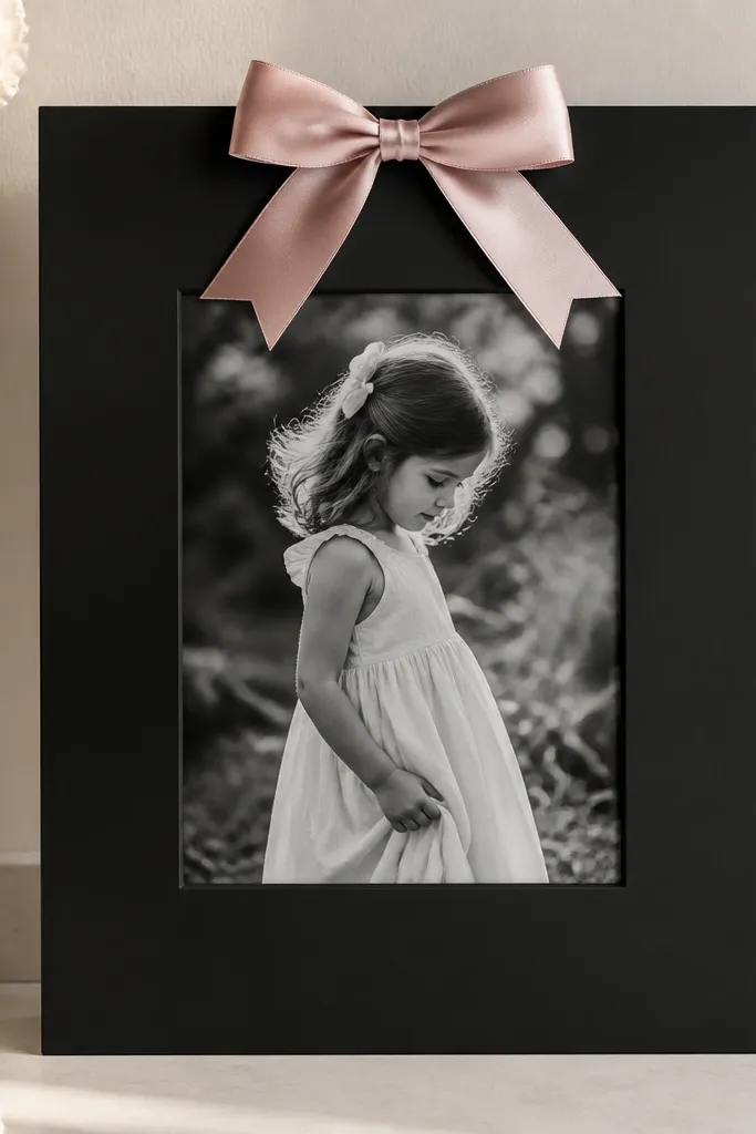 A matte black frame with a satin ribbon bow fixed at the top center. The ribbon is muted blush and the bow sits above the photo opening.