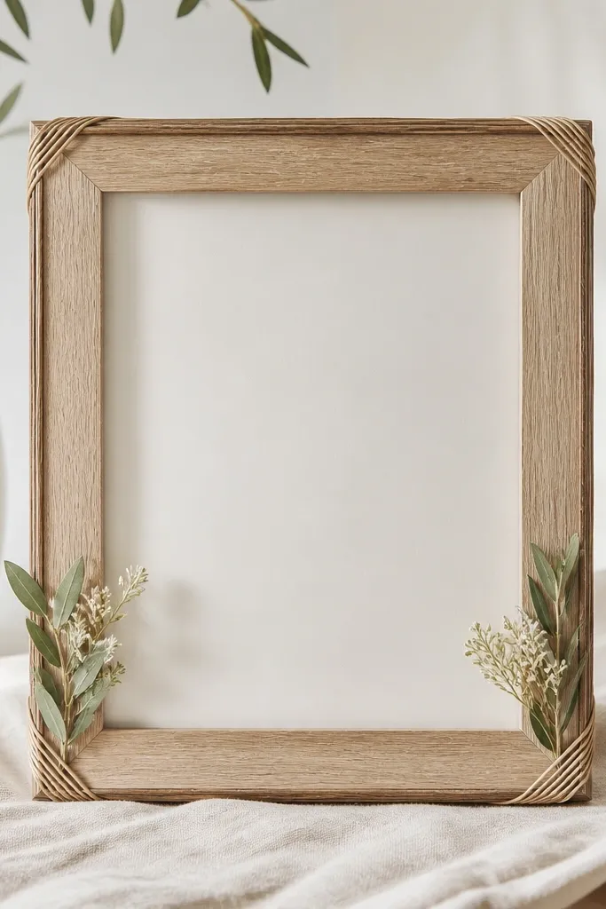 A natural wood frame wrapped with thin twine around the outer edge, with a couple of small faux sprigs tucked near the bottom corners. The overall look is airy and neutral.
