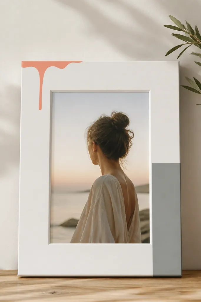 A white frame with a single controlled drip effect in coral and a separate block of muted gray on the side. The drip stops at the top edge area and doesn't cover the photo opening.