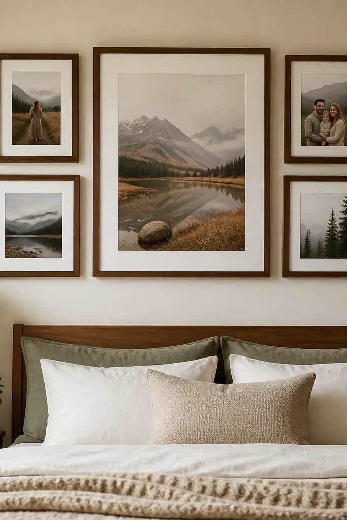 Walnut frames around a centered large with smaller photos in matching sizes