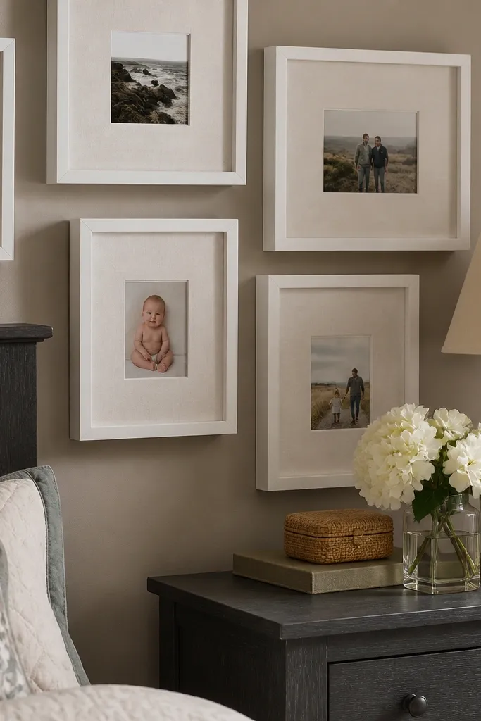 White frames with thick off-white mats and photos spaced with soft linen texture