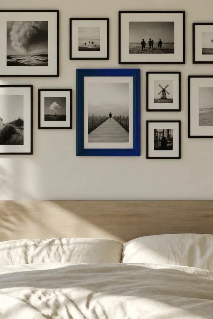 Black-and-white photos across large frames with one bright colored frame as a focal point