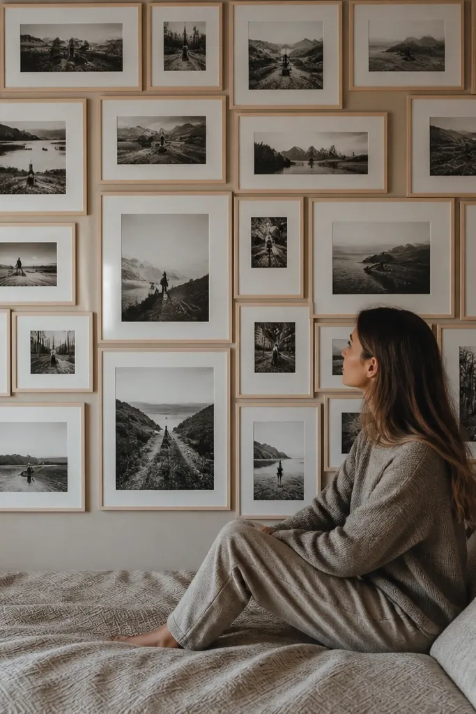 Mixed frames with visible mat borders arranged in a quilt-like patchwork