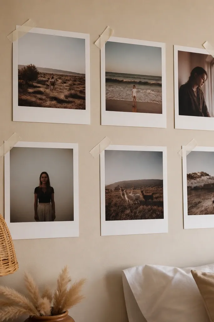 Polaroid-style photos taped at corners on a bedroom wall with a tidy grid