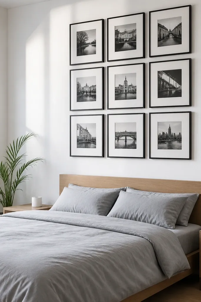 Frames spaced evenly with a modern floating grid look on a bedroom wall