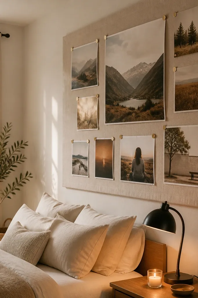 Photos pinned onto a fabric backing stretched like a board with a neat collage layout