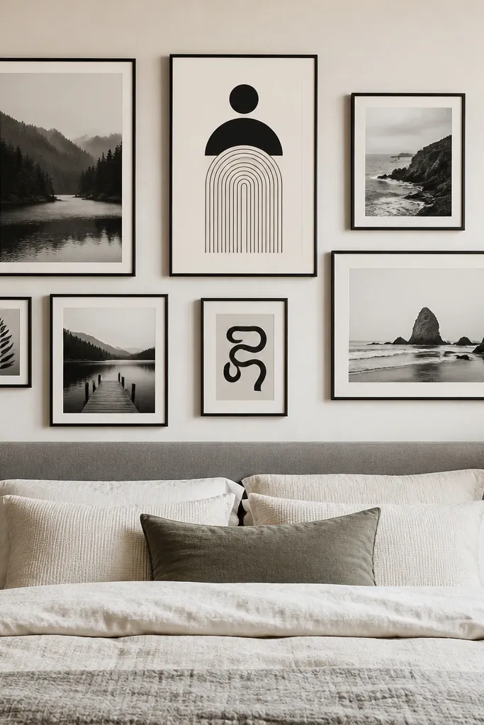 Black and white photos mixed with simple typographic cards in matching frames