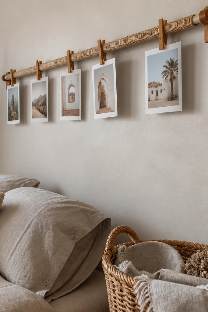 Photos clipped to a rattan line above a bed in a tidy alternating pattern