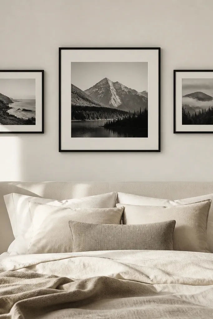 Three large frames arranged in a clean modern layout with lots of wall space