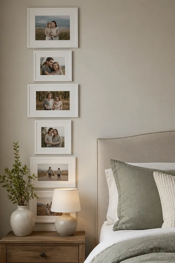 A vertical collage of frames on the wall beside the bed with consistent gaps