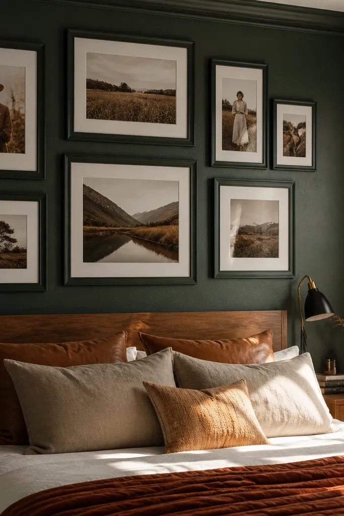 Deep green frames holding warm-toned photos arranged in a tight cluster