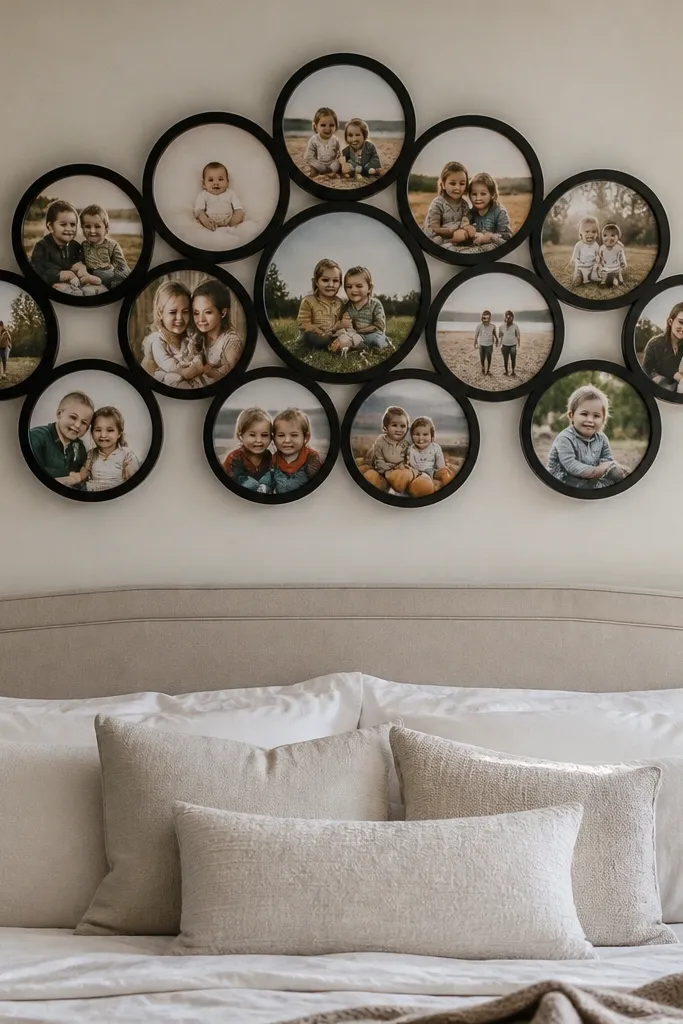 Round frames arranged in a honeycomb pattern with photos in matching sizes