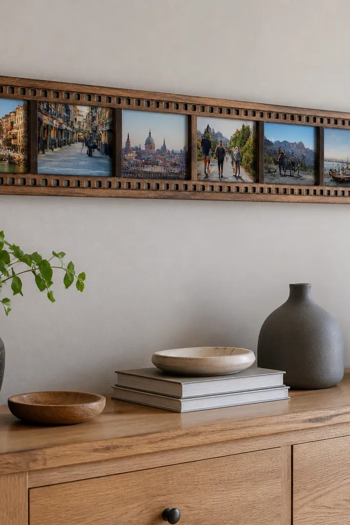 Long strips in frames arranged like a film strip across a bedroom wall
